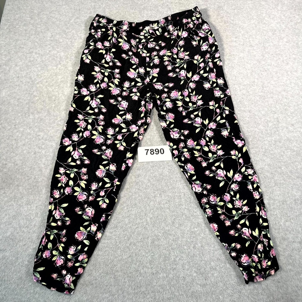 LC Lauren Conrad Pants Womens Large Black Floral Rayon Elastic Waist Casual Boho